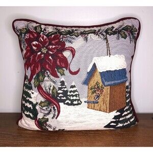 Vtg Christmas Tapestry Throw Pillow Winter Pine Trees Birdhouse Poinsettia Scene